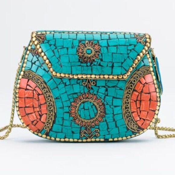 $139 MSRP - Ramla JEWEL Bag - TEAL & ORANGE Mosaic Tiles Handmade in Morocco - Picture 1 of 8